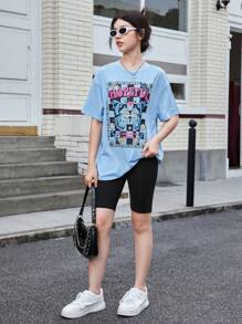 SHEIN Teen Girl Letter & Butterfly Print Drop Shoulder Tee - Baby Blue - View 4