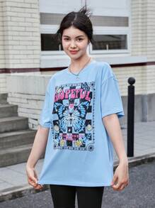SHEIN Teen Girl Letter & Butterfly Print Drop Shoulder Tee - Baby Blue - View 5