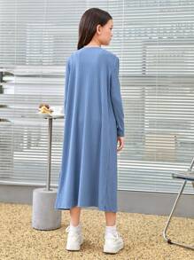 SHEIN Tween Girl 1pc Solid Tank Top & 1pc Biker Shorts & 1pc Coat - Dusty Blue - View 2