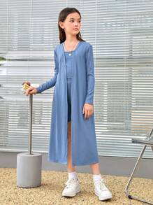 SHEIN Tween Girl 1pc Solid Tank Top & 1pc Biker Shorts & 1pc Coat - Dusty Blue - View 4