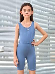 SHEIN Tween Girl 1pc Solid Tank Top & 1pc Biker Shorts & 1pc Coat - Dusty Blue - View 5
