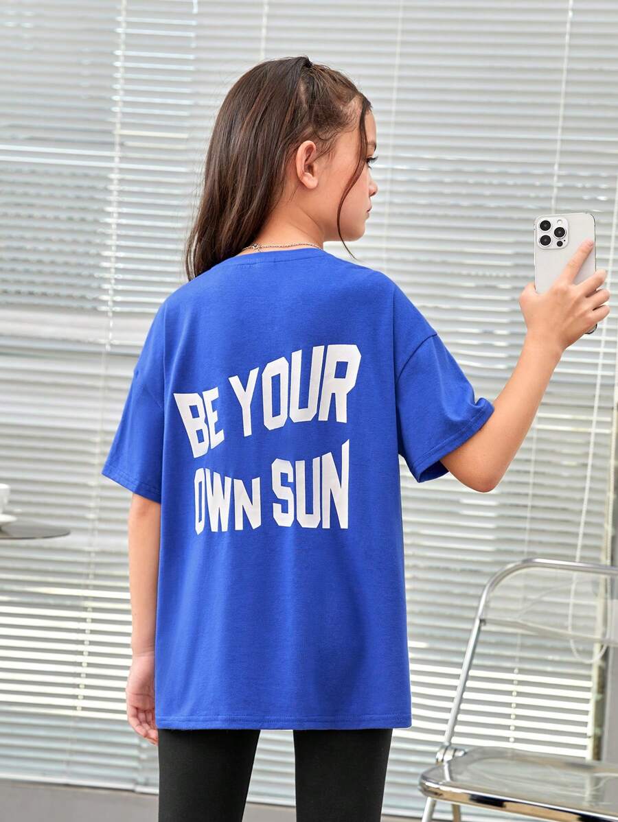 SHEIN 女大童標語圖案落肩T恤 - 寶藍色 - 查看 1