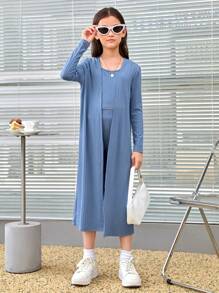 SHEIN Tween Girl 1pc Solid Tank Top & 1pc Biker Shorts & 1pc Coat - Dusty Blue - View 6