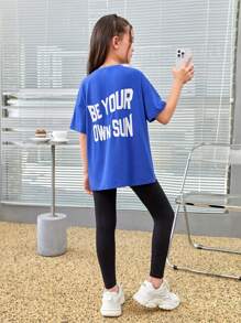 SHEIN 女大童標語圖案落肩T恤 - 寶藍色 - 查看 5