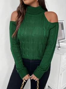 SHEIN Unity Plus Turtleneck Cold Shoulder Cable Knit Jumper - Dark Green - View 3