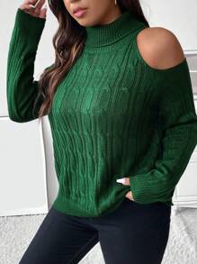 SHEIN Unity Plus Turtleneck Cold Shoulder Cable Knit Jumper - Dark Green - View 4