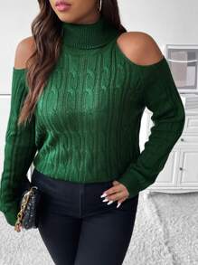 SHEIN Unity Plus Turtleneck Cold Shoulder Cable Knit Jumper - Dark Green - View 6