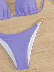 SHEIN Swim 鏈接式領帶三角比基尼套裝 - 紫色 - 查看 4