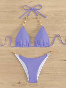 SHEIN Swim 鏈接式領帶三角比基尼套裝 - 紫色 - 查看 5