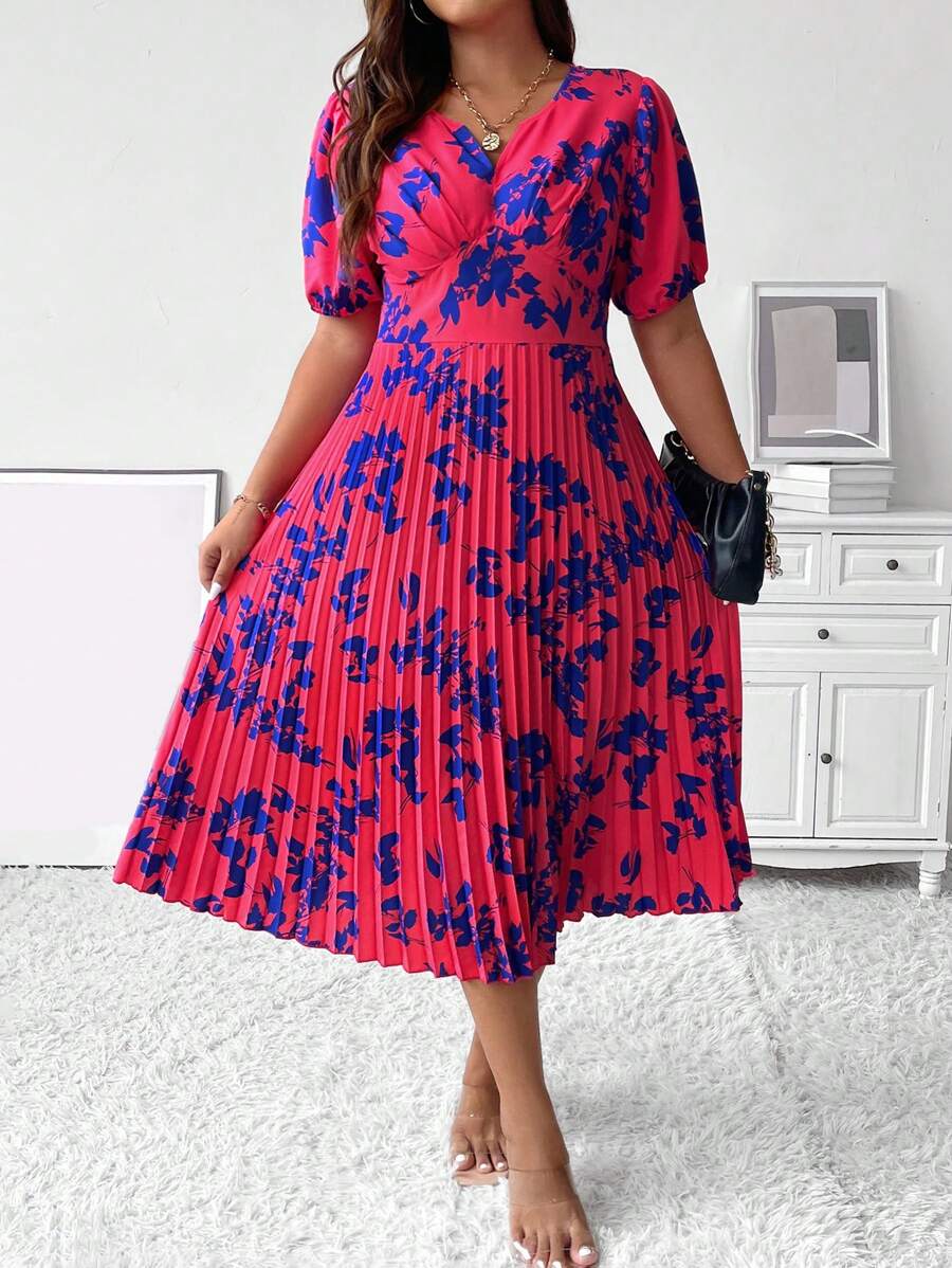 SHEIN Unity 大碼印花泡泡袖百褶下擺連衣裙 - 玫紅色 - 查看 1