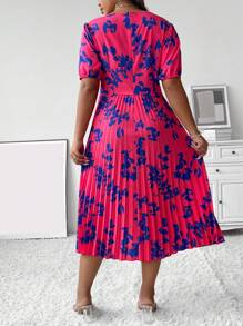 SHEIN Unity 大碼印花泡泡袖百褶下擺連衣裙 - 玫紅色 - 查看 2