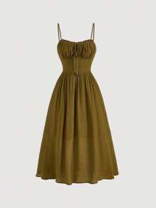 SHEIN MOD Solid Ruched Bust Cami Dress - Olive Green - View 1