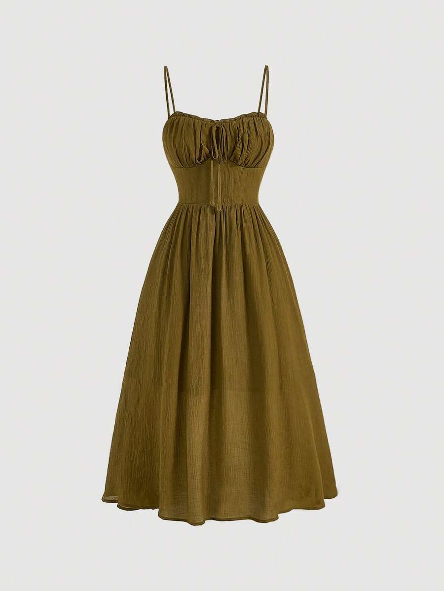 SHEIN MOD Solid Ruched Bust Cami Dress - Olive Green - View 1