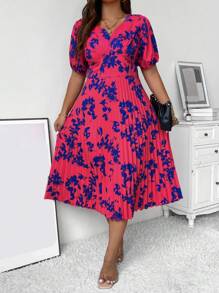 SHEIN Unity 大碼印花泡泡袖百褶下擺連衣裙 - 玫紅色 - 查看 4