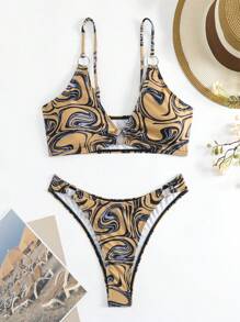 全印花環連比基尼套裝 - 杏色 - 查看 3