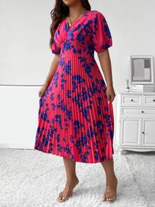 SHEIN Unity 大碼印花泡泡袖百褶下擺連衣裙 - 玫紅色 - 查看 5