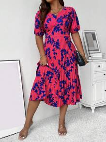 SHEIN Unity 大碼印花泡泡袖百褶下擺連衣裙 - 玫紅色 - 查看 6