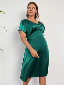 SHEIN Cottnline Plus Solid Batwing Sleeve Satin Dress - Dark Green - View 4