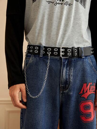 Academia 1pc Women Eyelet Decor Square Buckle Belt