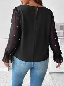 SHEIN Unity 大碼珍珠串珠喇叭袖襯衫 - 黑色 - 查看 2