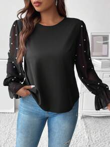 SHEIN Unity 大碼珍珠串珠喇叭袖襯衫 - 黑色 - 查看 3