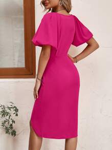 SHEIN LUNE Surplice Neck Ruched Split Thigh Dress - Hot Pink - View 2