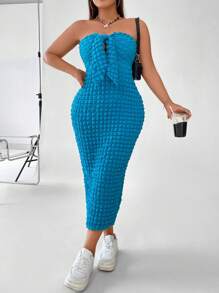Calvaya Plus Tie Front Tube Bodycon Dress - Blue - View 1