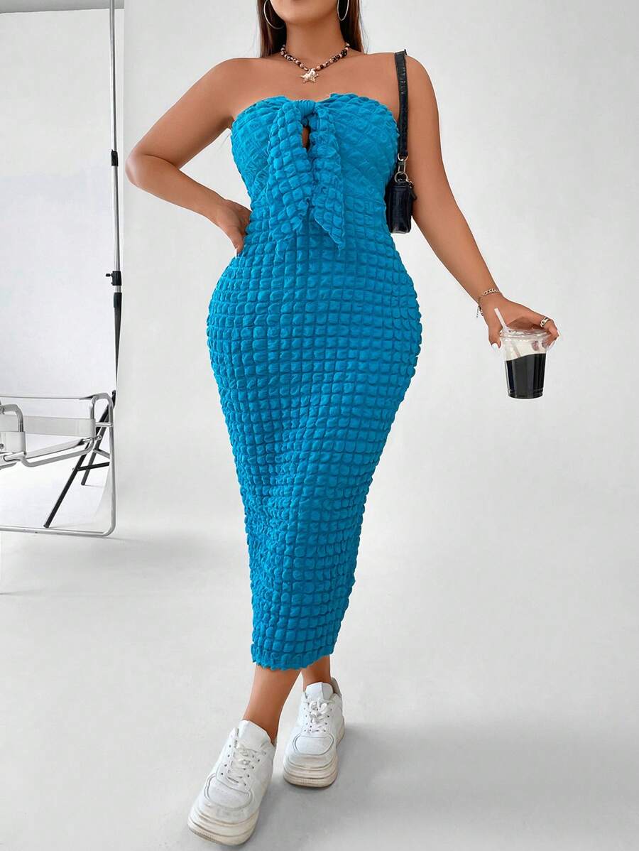 Calvaya Plus Tie Front Tube Bodycon Dress - Blue - View 1