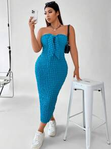 Calvaya Plus Tie Front Tube Bodycon Dress - Blue - View 5