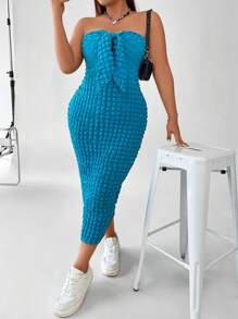 Calvaya Plus Tie Front Tube Bodycon Dress - Blue - View 8