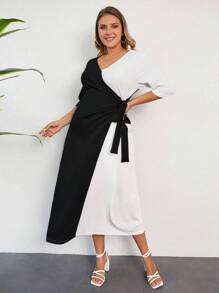 RueChic Plus Two Tone Knot Side Dress - Black and White - View 3