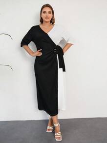 RueChic Plus Two Tone Knot Side Dress - Black and White - View 1