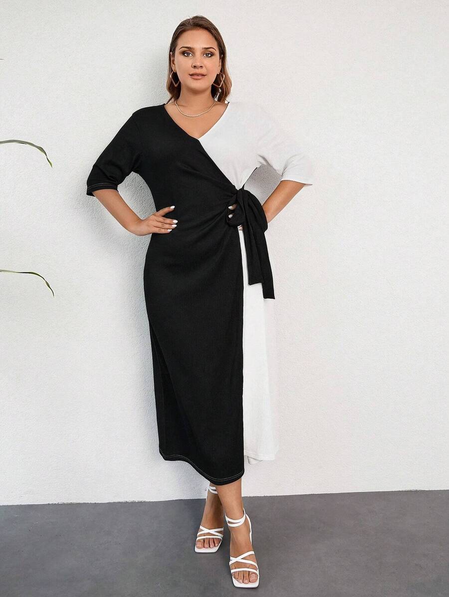 RueChic Plus Two Tone Knot Side Dress - Black and White - View 1