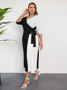 RueChic Plus Two Tone Knot Side Dress - Black and White - View 4