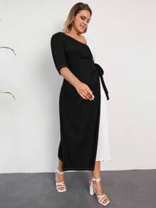 RueChic Plus Two Tone Knot Side Dress - Black and White - View 5