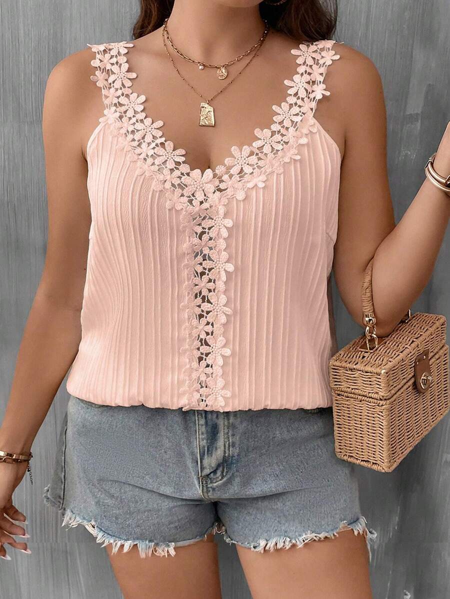 EMERY ROSE Plus Guipure Lace Panel Tank Top - Dusty Pink - View 1