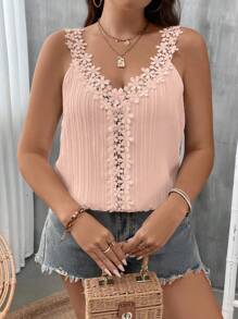 EMERY ROSE Plus Guipure Lace Panel Tank Top - Dusty Pink - View 4
