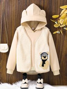 SHEIN Tween Girl Bear Patched Detail Vest & 3D Ear Design Hooded Sweatshirt - Beige - View 1