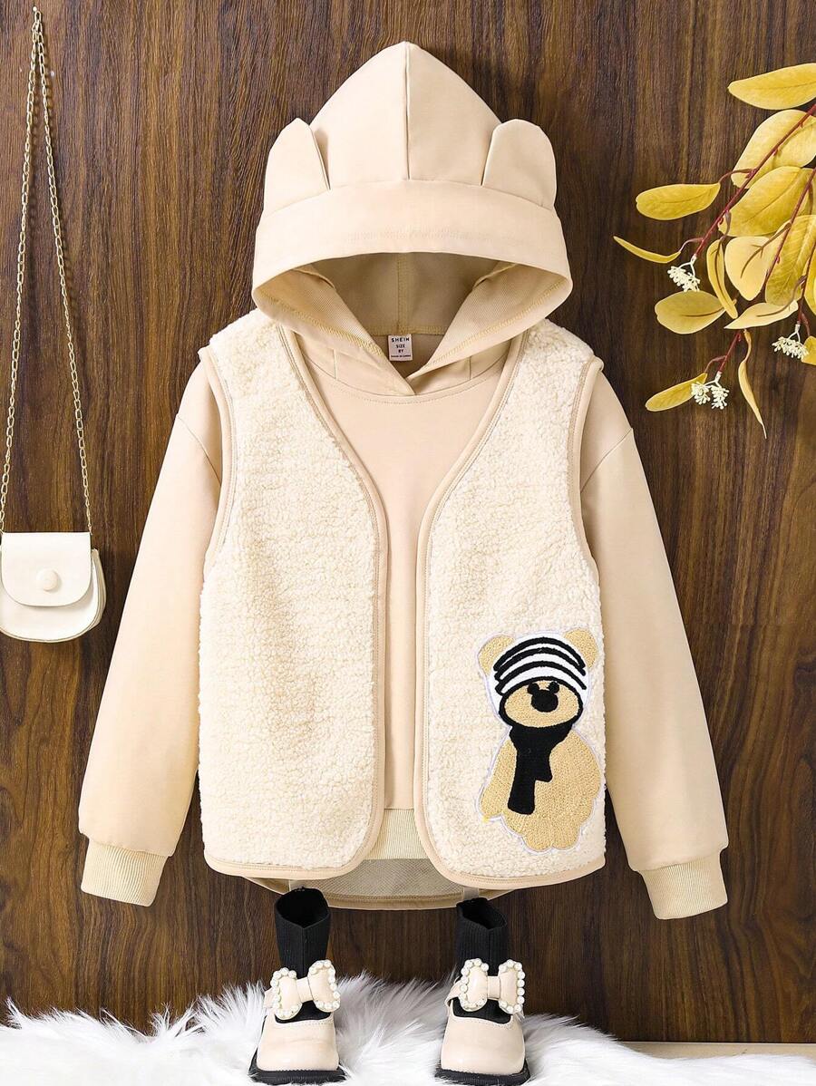 SHEIN Tween Girl Bear Patched Detail Vest & 3D Ear Design Hooded Sweatshirt - Beige - View 1