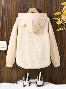 SHEIN Tween Girl Bear Patched Detail Vest & 3D Ear Design Hooded Sweatshirt - Beige - View 2