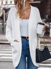 SHEIN Clasi Cárdigan con bolsillos dobles y hombros caídos - Blanco - Ver 1