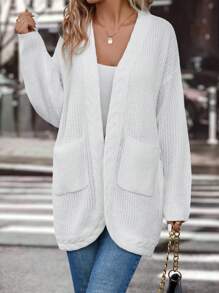 SHEIN Clasi Cárdigan con bolsillos dobles y hombros caídos - Blanco - Ver 3
