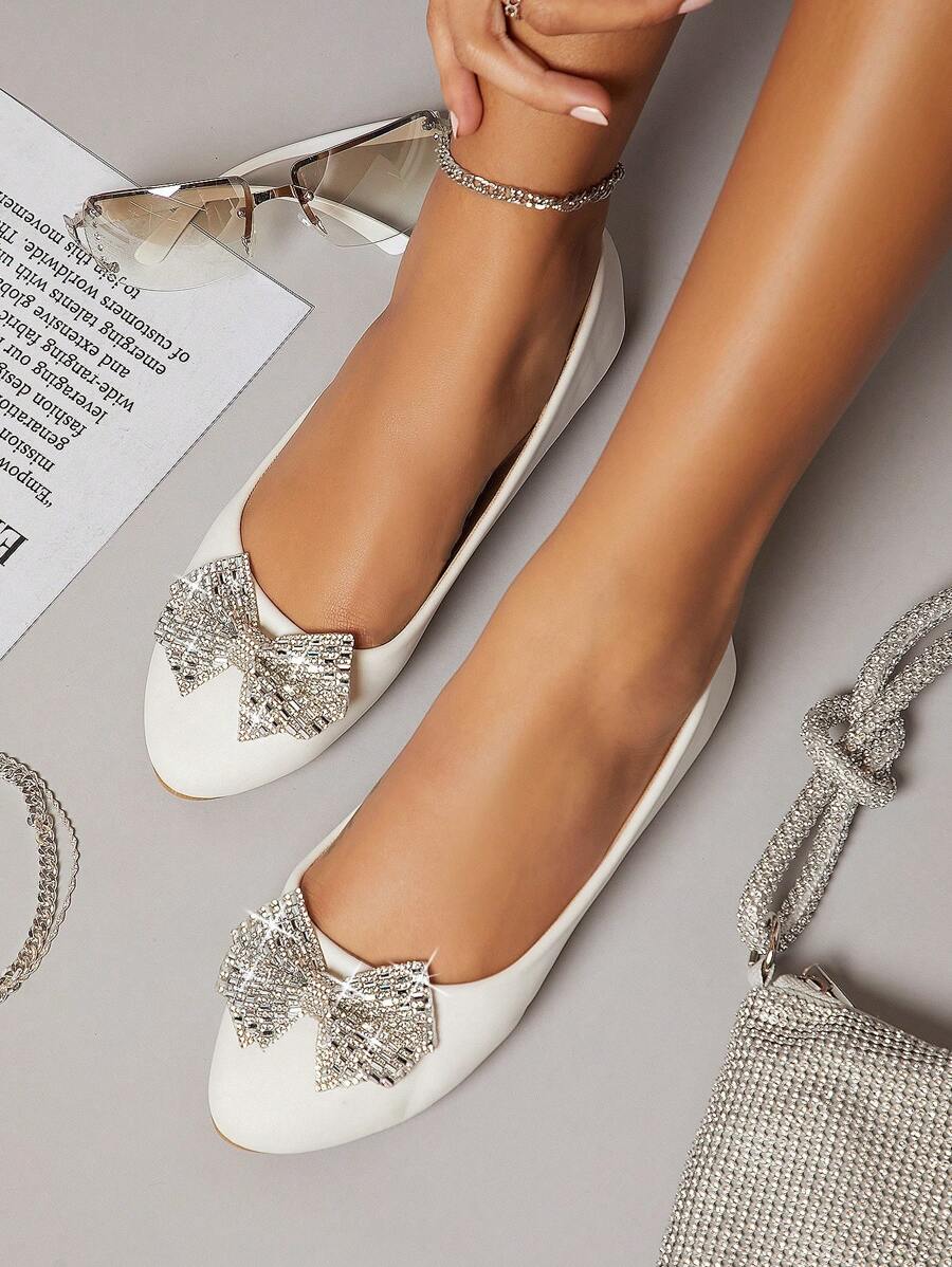 Rhinestone Bow Detail Ballet Flats - White - View 1
