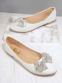Rhinestone Bow Detail Ballet Flats - White - View 2