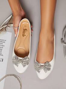 Rhinestone Bow Detail Ballet Flats - White - View 3
