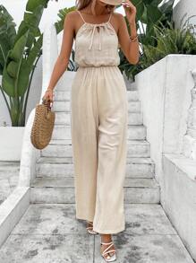 SHEIN Frenchy Tie Front Cami Jumpsuit Summer Casual - Apricot - View 1