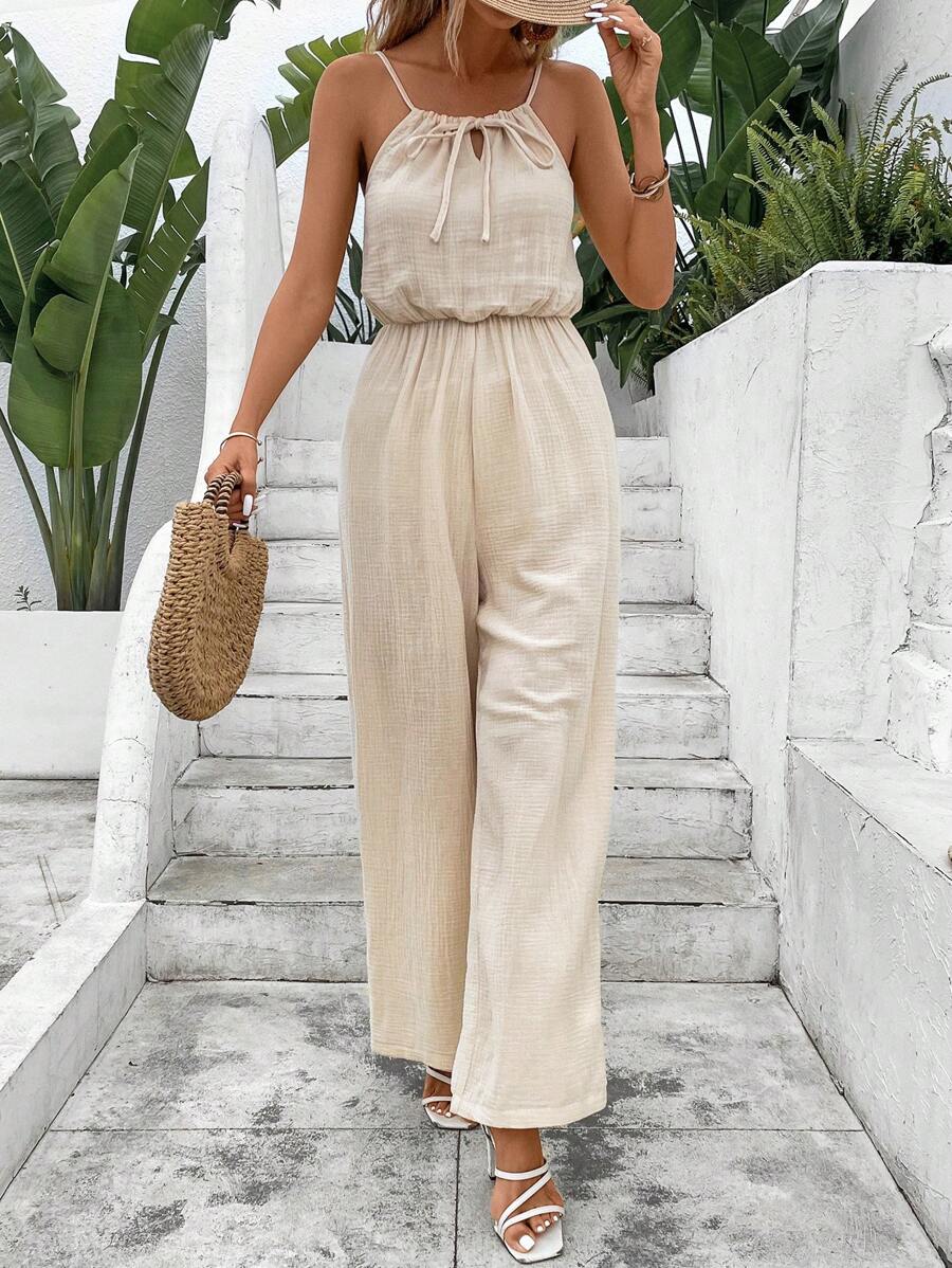SHEIN Frenchy Tie Front Cami Jumpsuit Summer Casual - Apricot - View 1