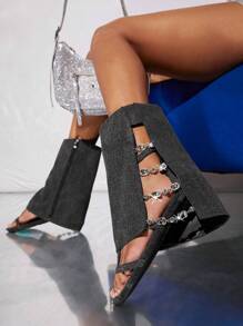 SHUZIA Chain Detail Cut Out Side Zip Back Boots - Black - View 4