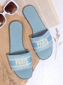 SHUZIA Da thuần chay Chóp giầy hình vuông Dép phẳng - Màu xanh lam - Xem 4