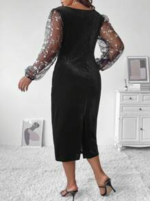 SHEIN Unity Hơn Hoa thêu In Lưới tương phản Tay áo lồng đèn Đầm - màu đen - Xem 2